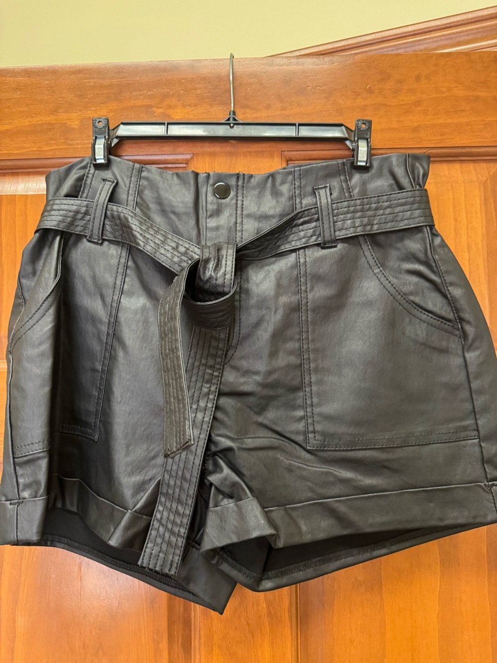 Akira Medium-Rise Black Faux Leather Paperbag Shorts with Tie Belt